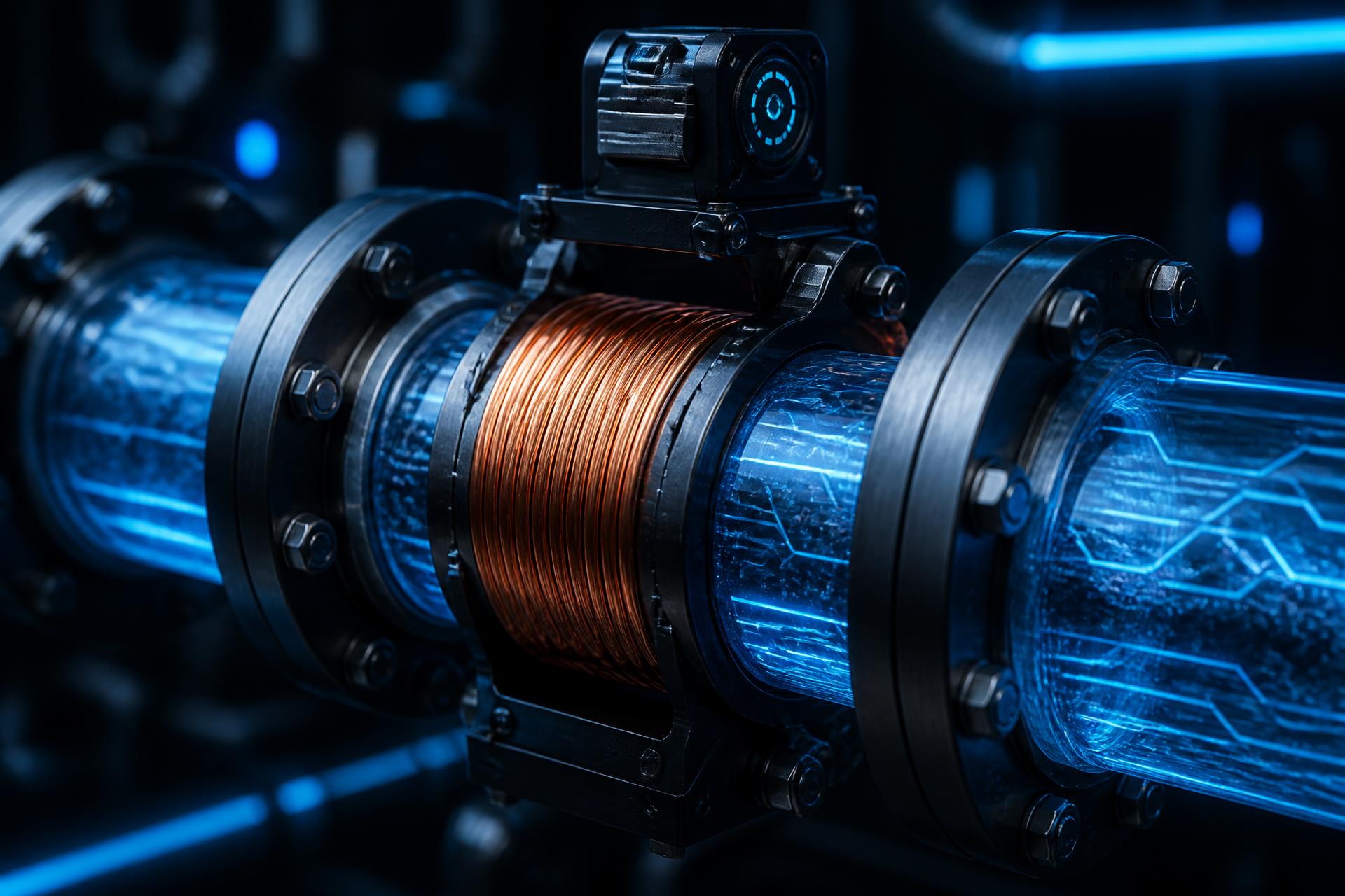 Vulcan impulzus-technológia — nagyfelbontású közelkép az elektromágneses tekercsről egy csővezetéken